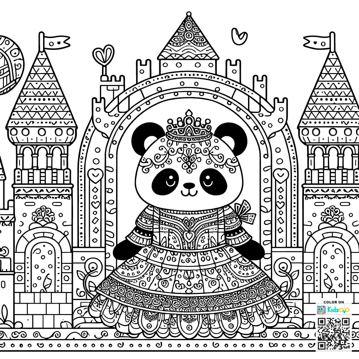 A Cute Panda in a Castle wearing a beautiful dress