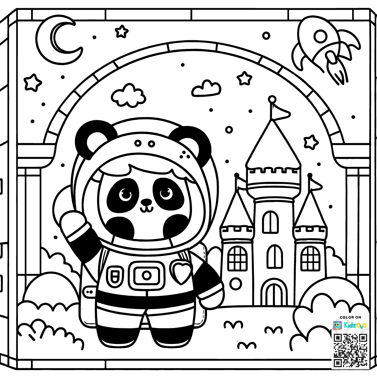 A Cute Panda in a Castle wearing an astronaut suit