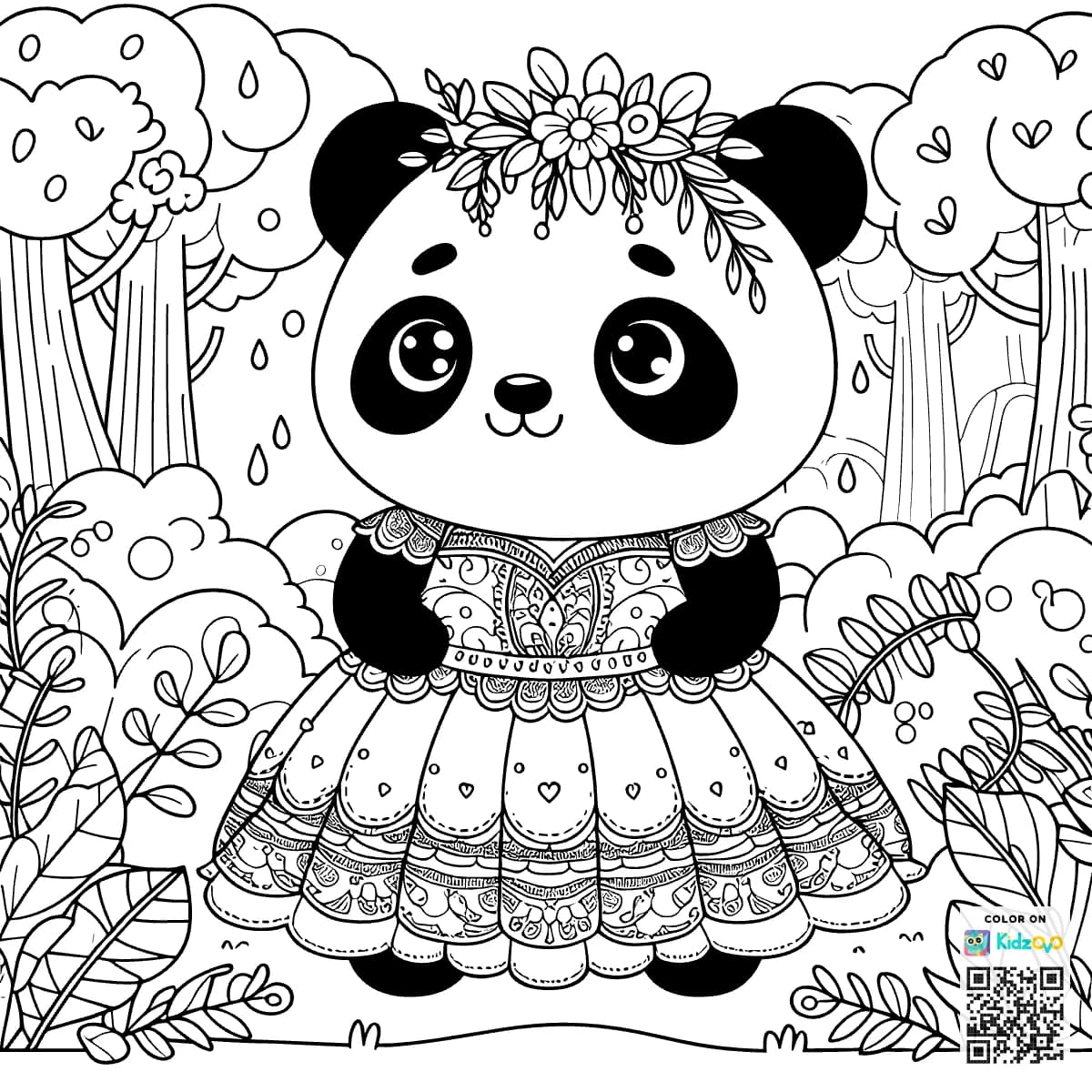 A Cute Panda in the Magic Forest wearing a beautiful dress