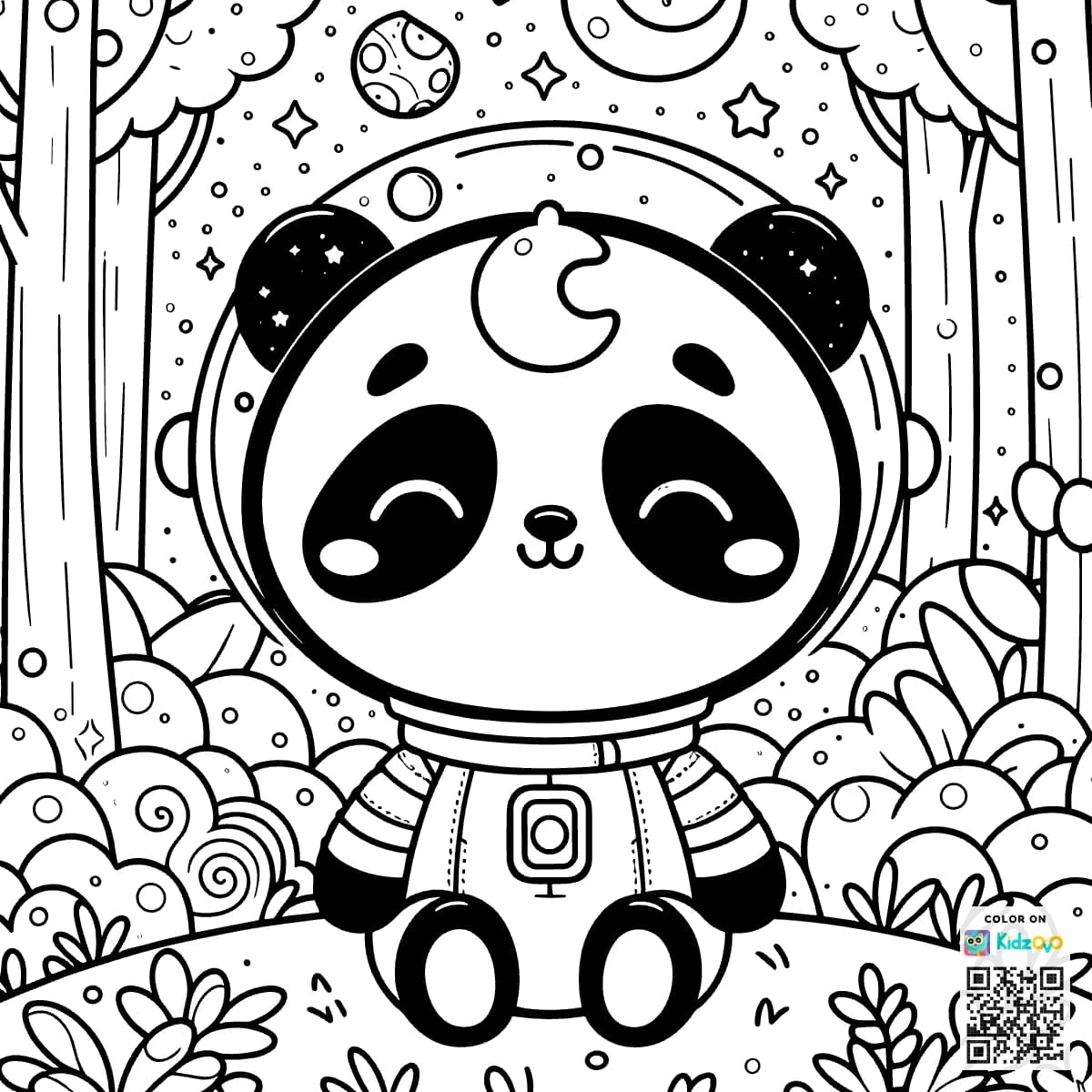 A Cute Panda in the Magic Forest wearing an astronaut suit