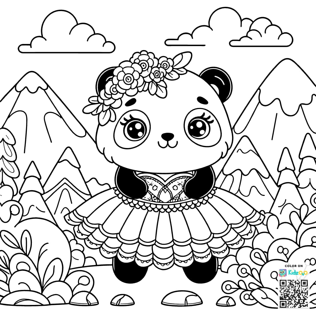 A Cute Panda in the Mountains wearing a beautiful dress
