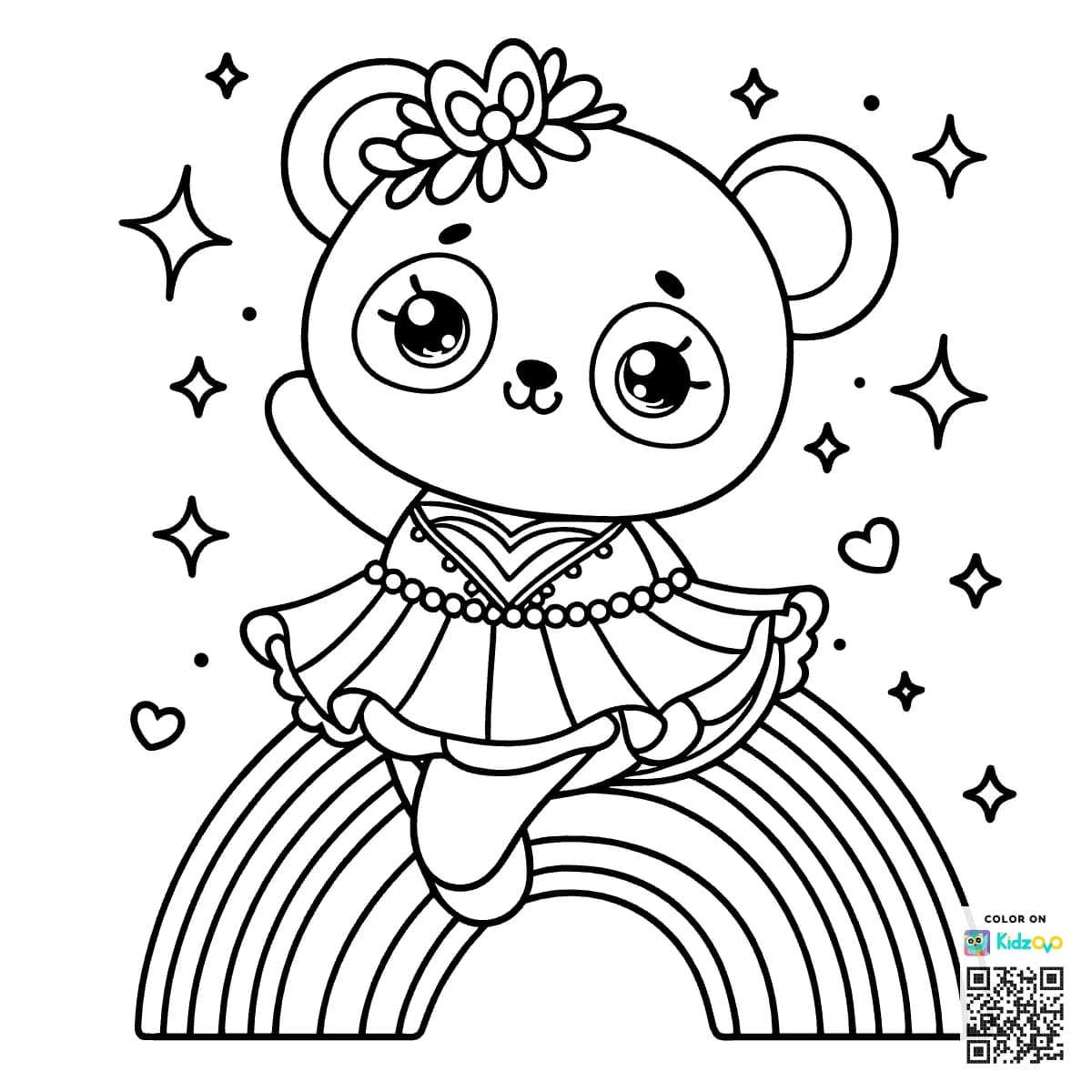 A Cute Panda on a Rainbow wearing a beautiful dress