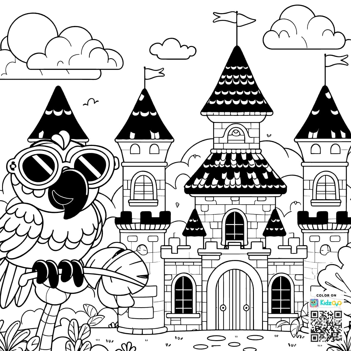 A Cute Parrot in a Castle wearing a Sunglasses