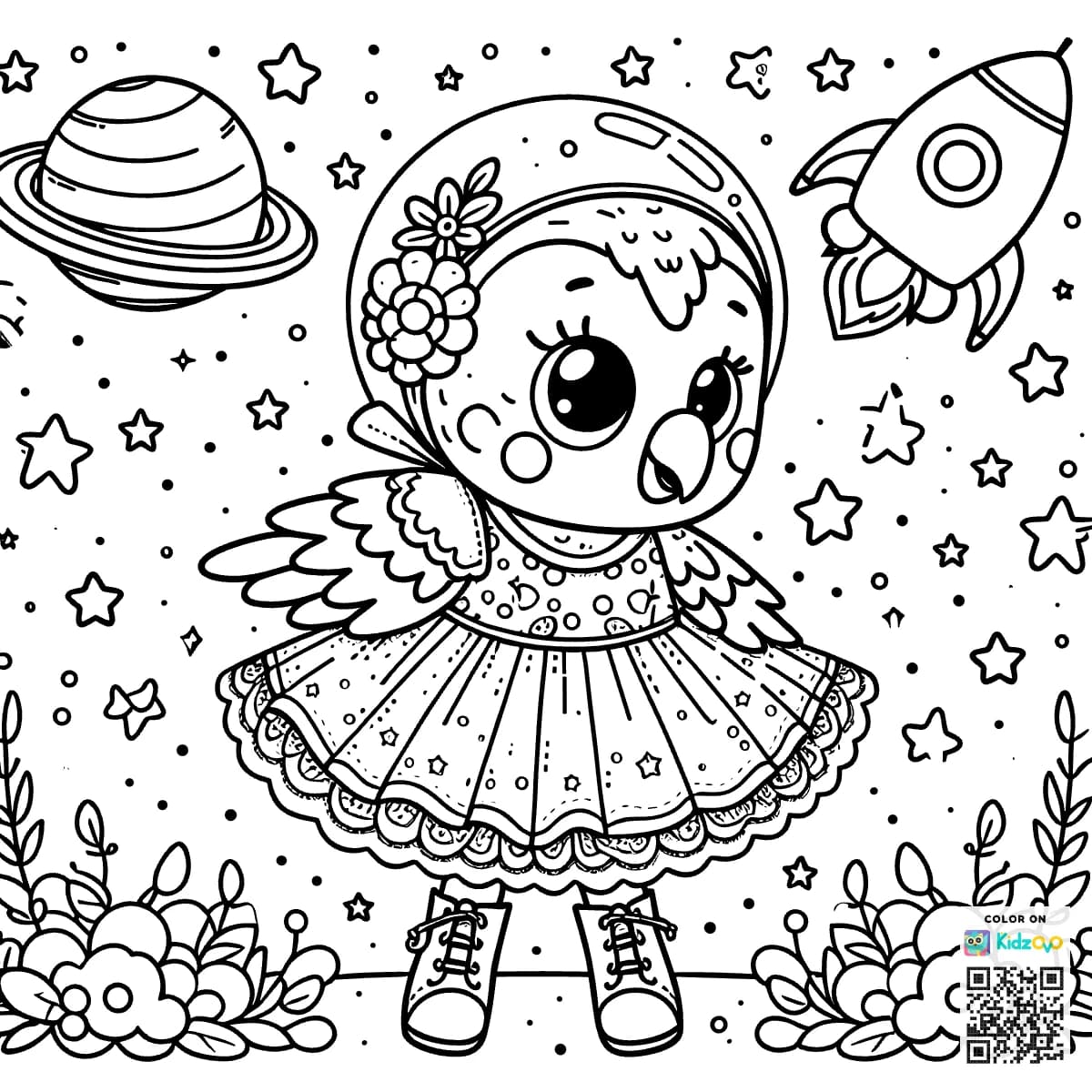 A Cute Parrot in Space wearing a beautiful dress