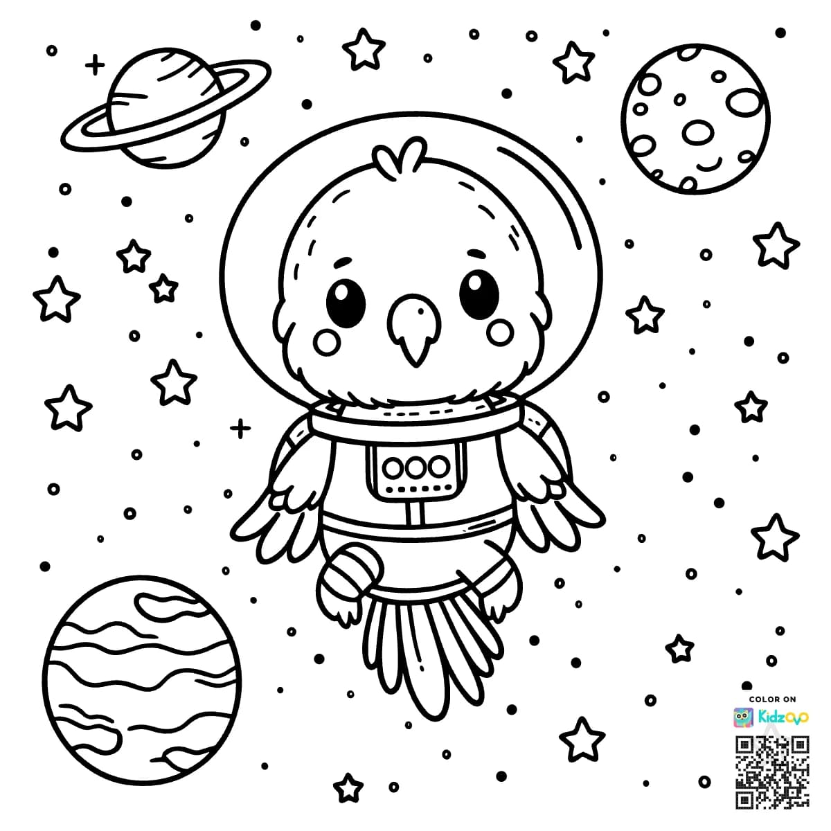 A Cute Parrot in Space wearing an astronaut suit