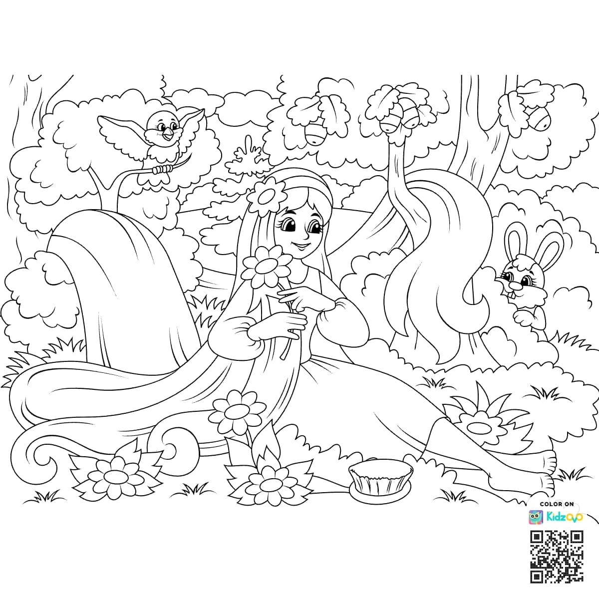 Cheerful Princess with long hair in forest with animals